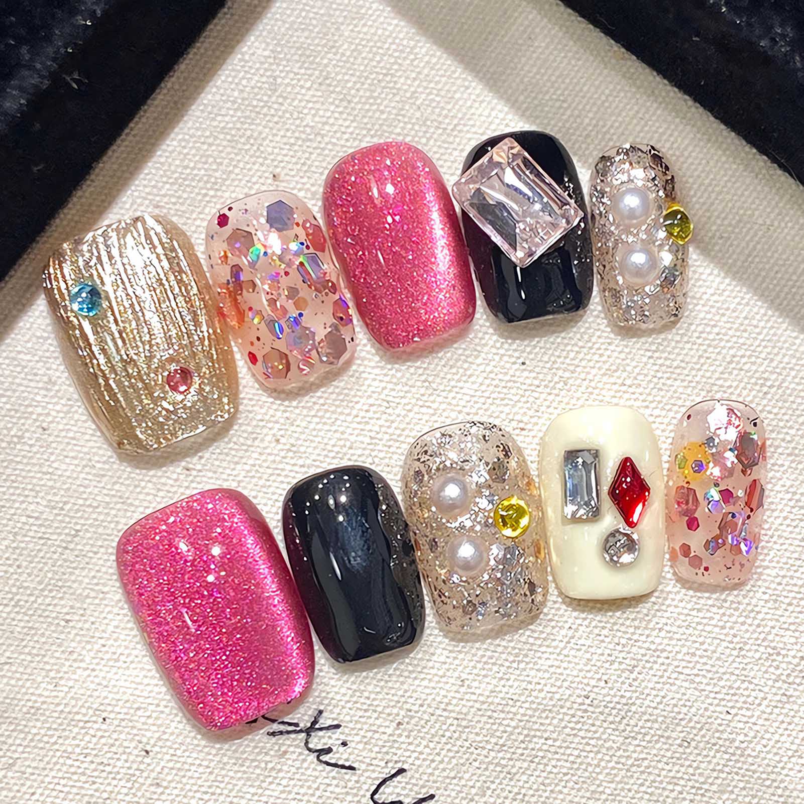 Nail Art Gliter - Handmade Press on Nails Glitter Pink